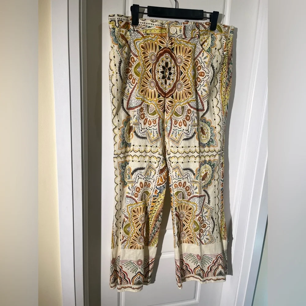 Zara Printed Linen Blend Wide Leg Pants - Boho Paisley Mandala - Sz Large - Picture 2 of 9